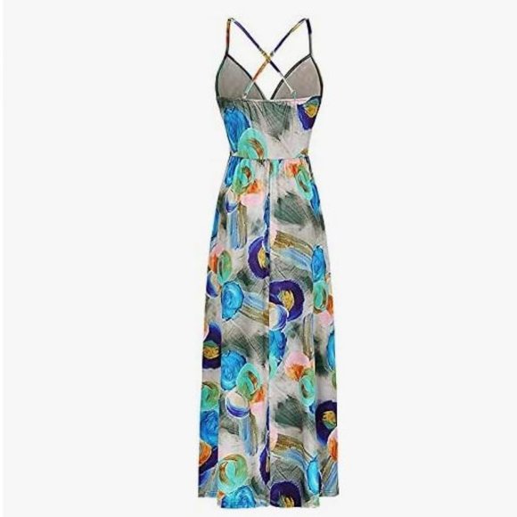 Deep V Neck Maxi Dress Size Large Flowy Tropical Print Summer Dress with Slit - Picture 5 of 11